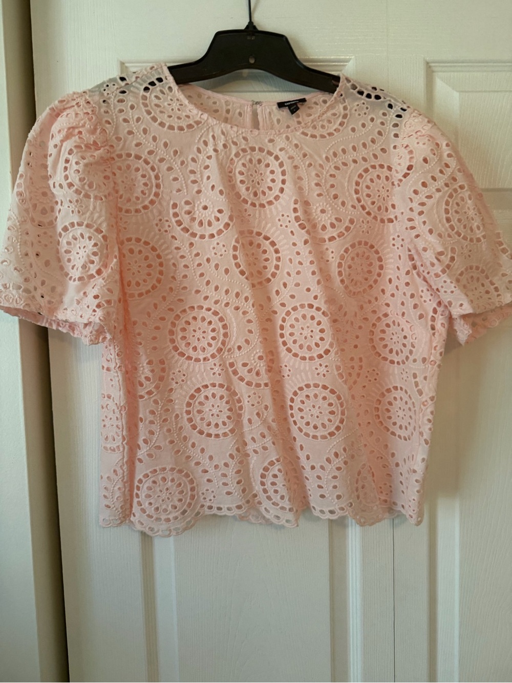 Express Crew Neck Eyelet Puff Sleeve Top - Light Pink
